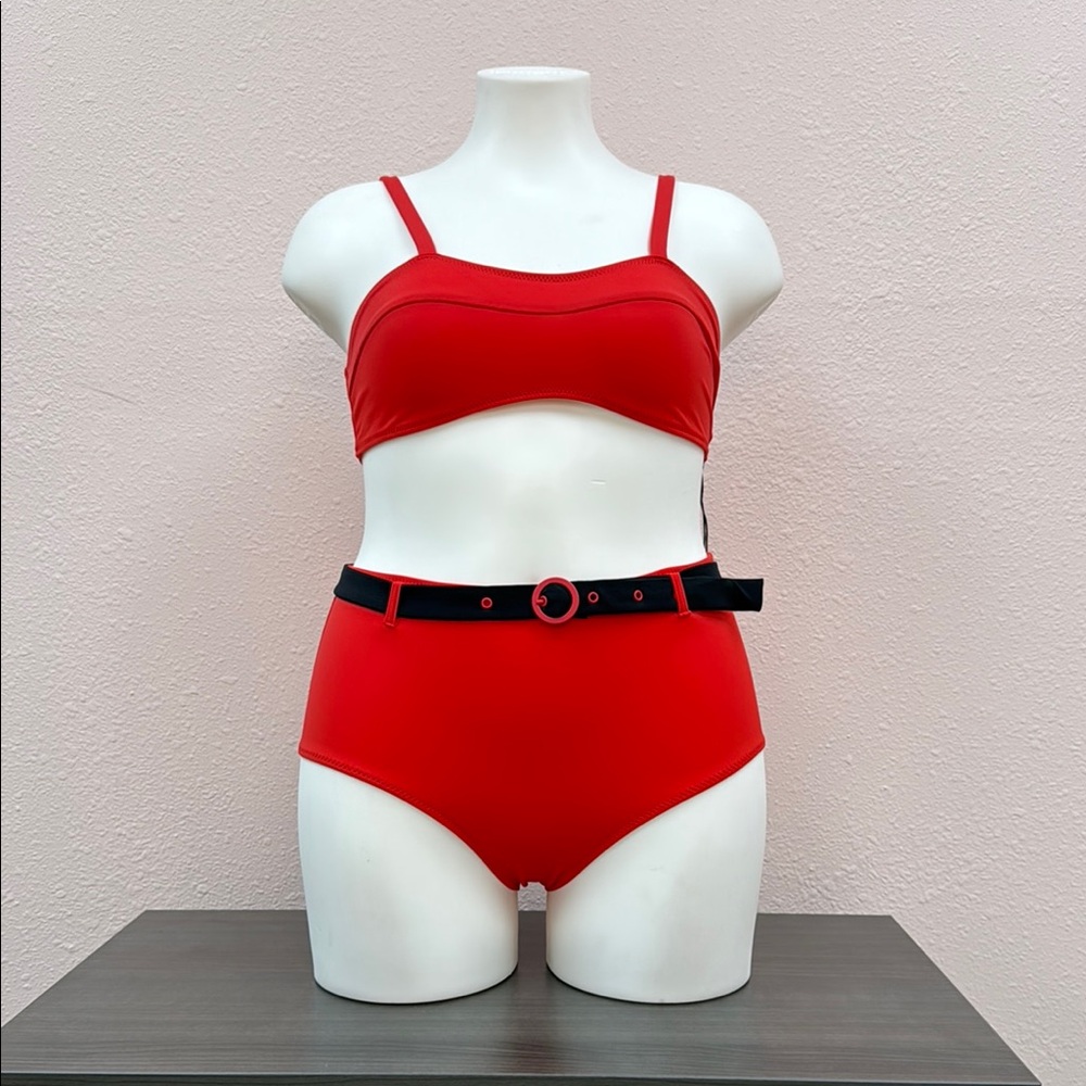 Solid & Striped Red Bikini With Black Belt - image 1